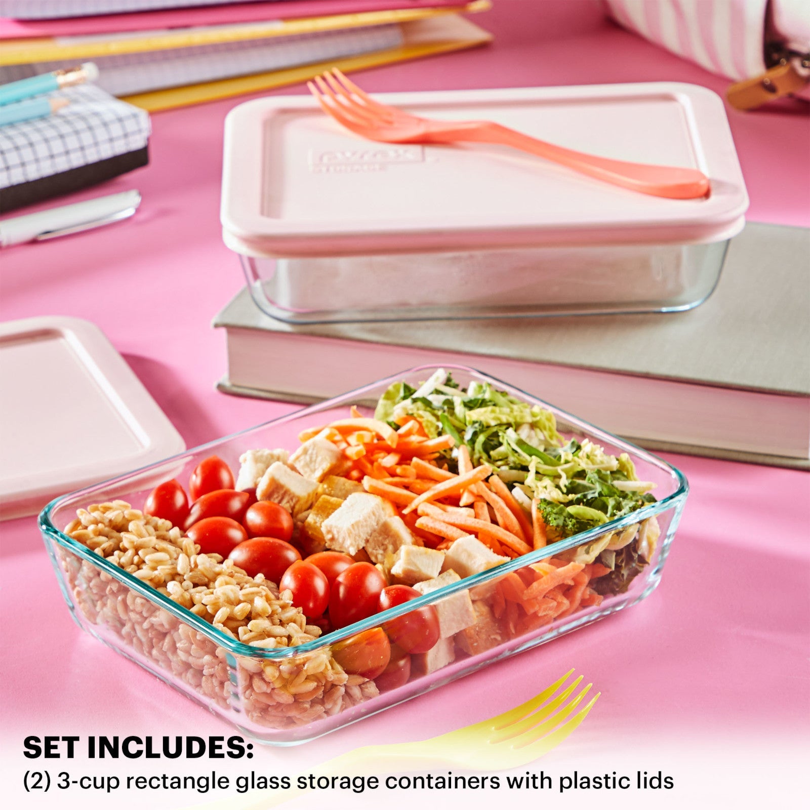 Pyrex? Simply Store? 4-piece 3-cup Rectangle Glass Storage Set with Pink Lids - Image 3